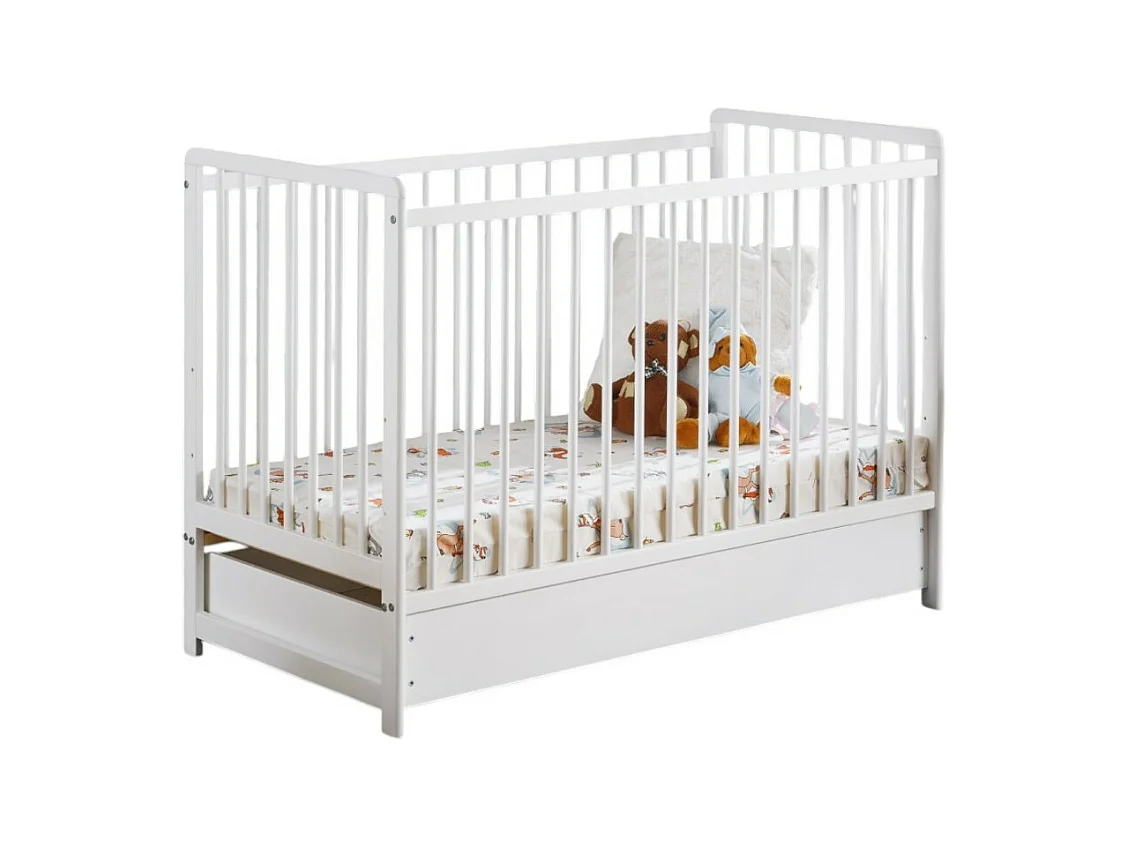 Meegroeiende babybed met lade en matras uit de LUTIN-collectie, in hoogte verstelbaar. Matte witte kleur.