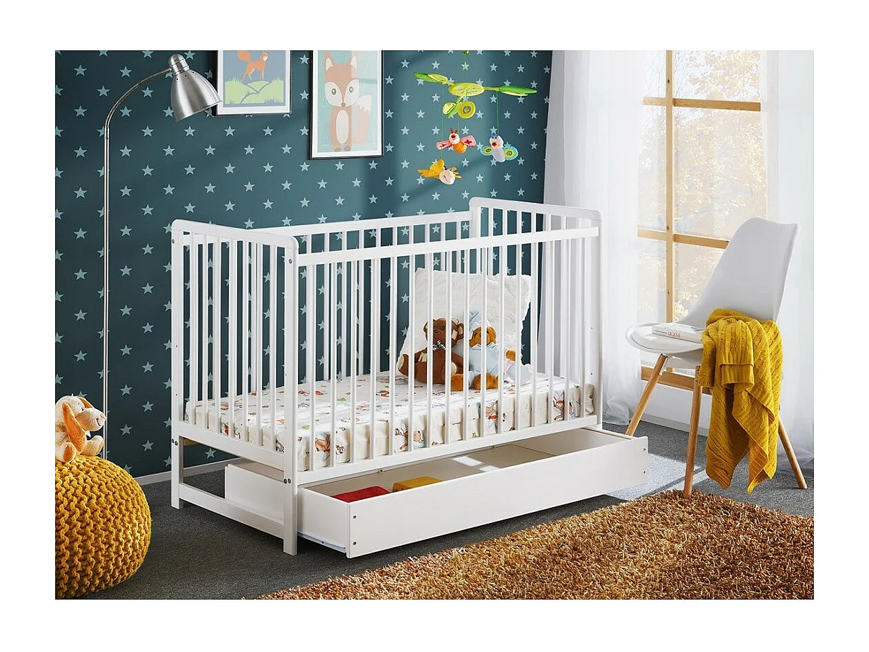 Berço evolutivo com gaveta e colchão da coleção LUTIN, ajustável em altura. Cor branca fosca.