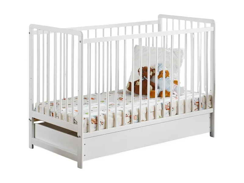 Meegroeiende babybed met lade en matras uit de LUTIN-collectie, in hoogte verstelbaar. Matte witte kleur.
