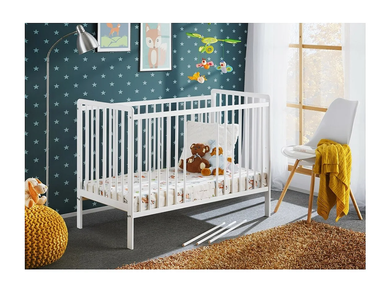 Berço e colchão infantil ajustável da coleção LUTIN, com altura regulável. Cor branca fosca.