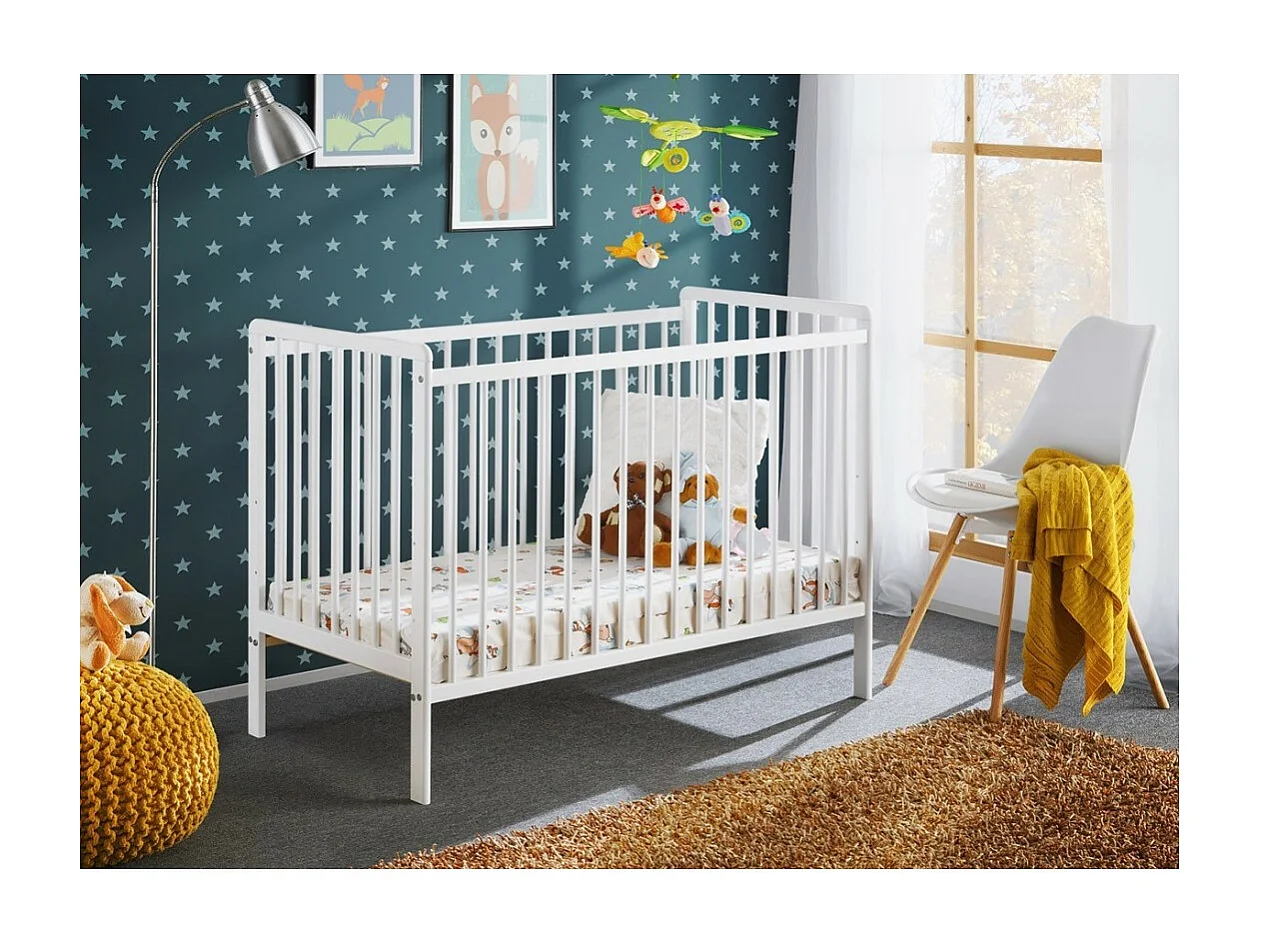 Berço e colchão infantil ajustável da coleção LUTIN, com altura regulável. Cor branca fosca.