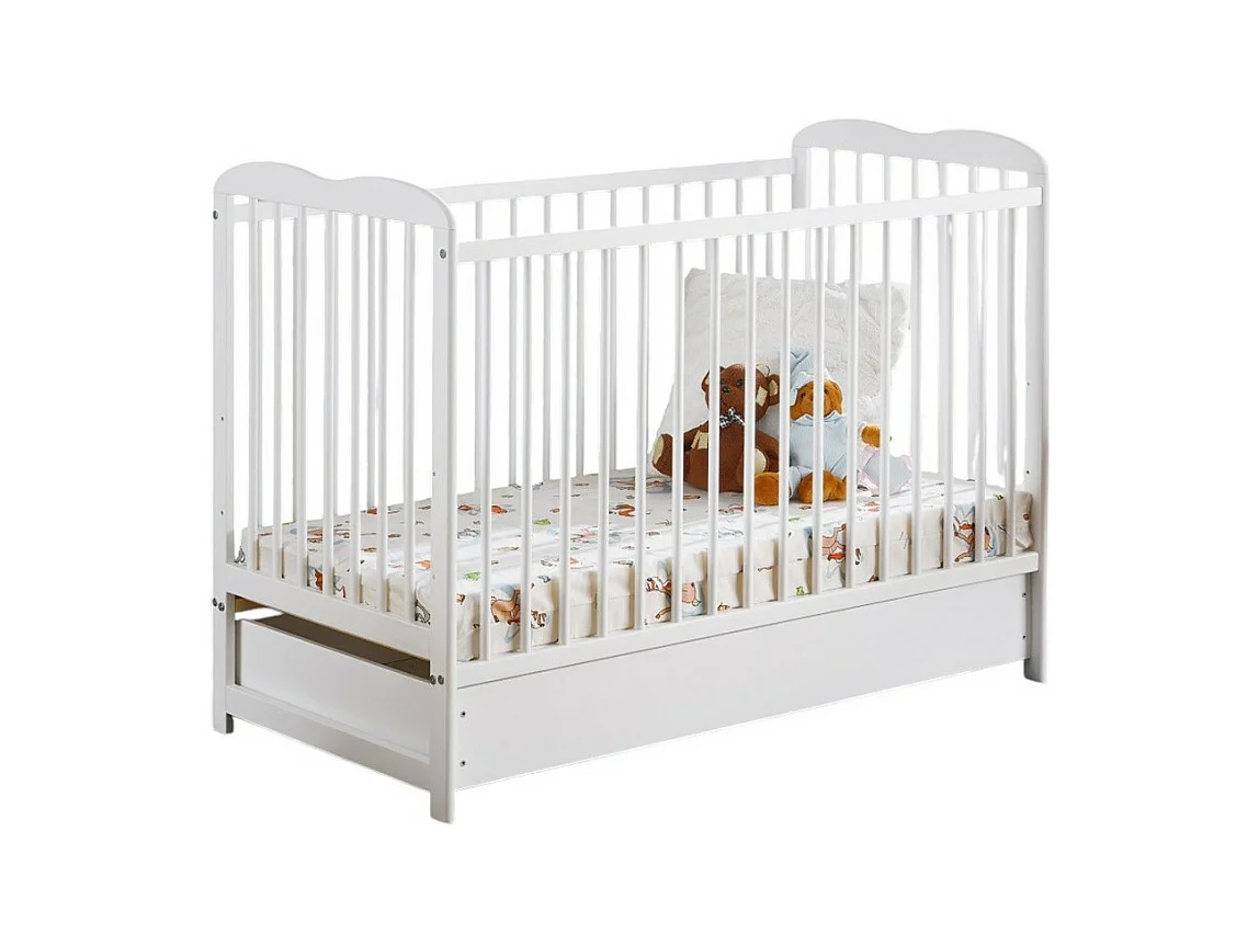 Meegroeiende babybed met lade en matras uit de NOE collectie, in hoogte verstelbaar. Matte witte kleur.