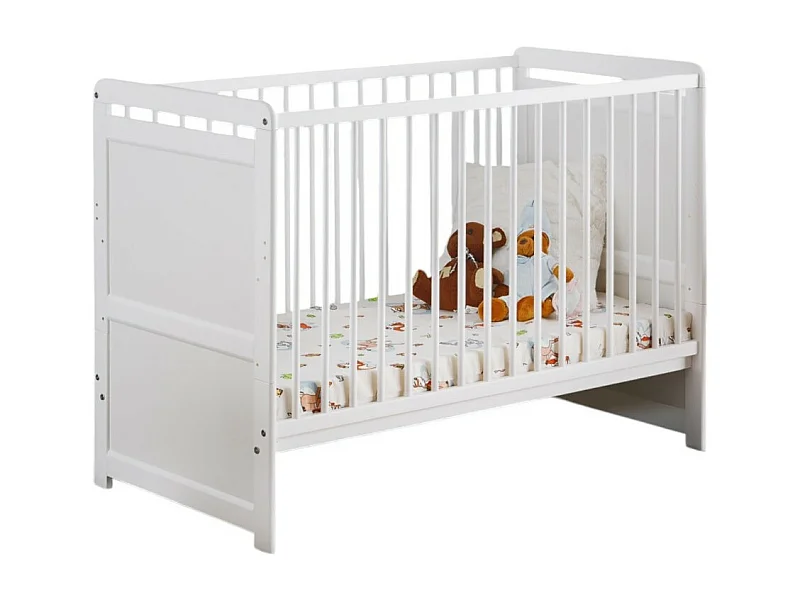Babybed en matras uit de collectie GUIZMO, in hoogte verstelbaar. Matte witte kleur.