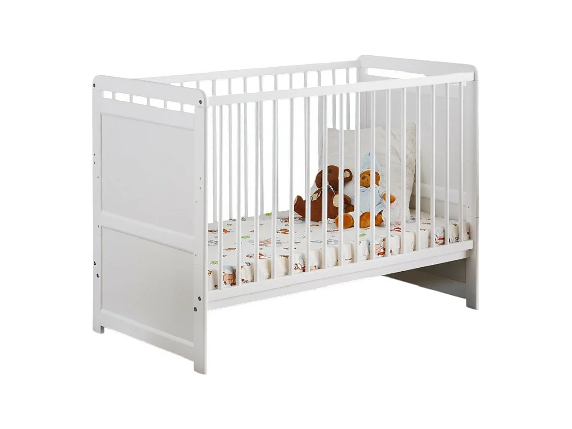 Babybed en matras uit de collectie GUIZMO, in hoogte verstelbaar. Matte witte kleur.