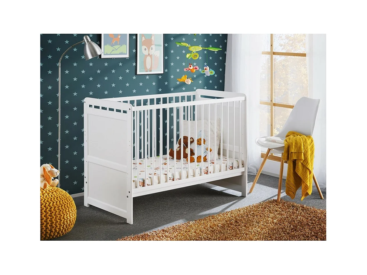 Berço e colchão infantil evolutivo da coleção GUIZMO, ajustável em altura. Cor branca fosca.