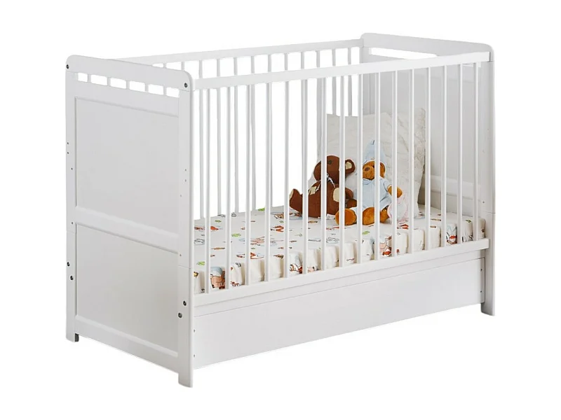 Lit bébé évolutif - GUIZMO - Coloris blanc mat - Lit réglable en hauteur avec tiroir et matelas.