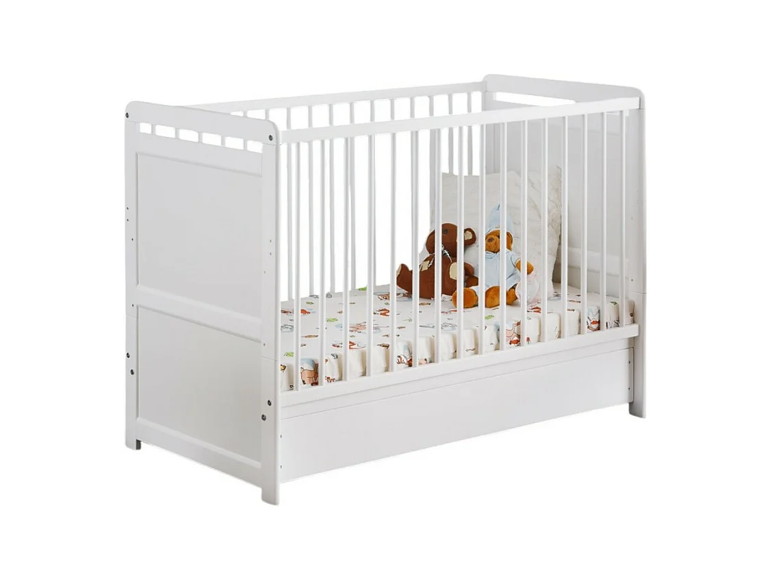 Lettino trasformabile - GUIZA - Colore bianco opaco - Lettino regolabile in altezza con cassetto e materasso.