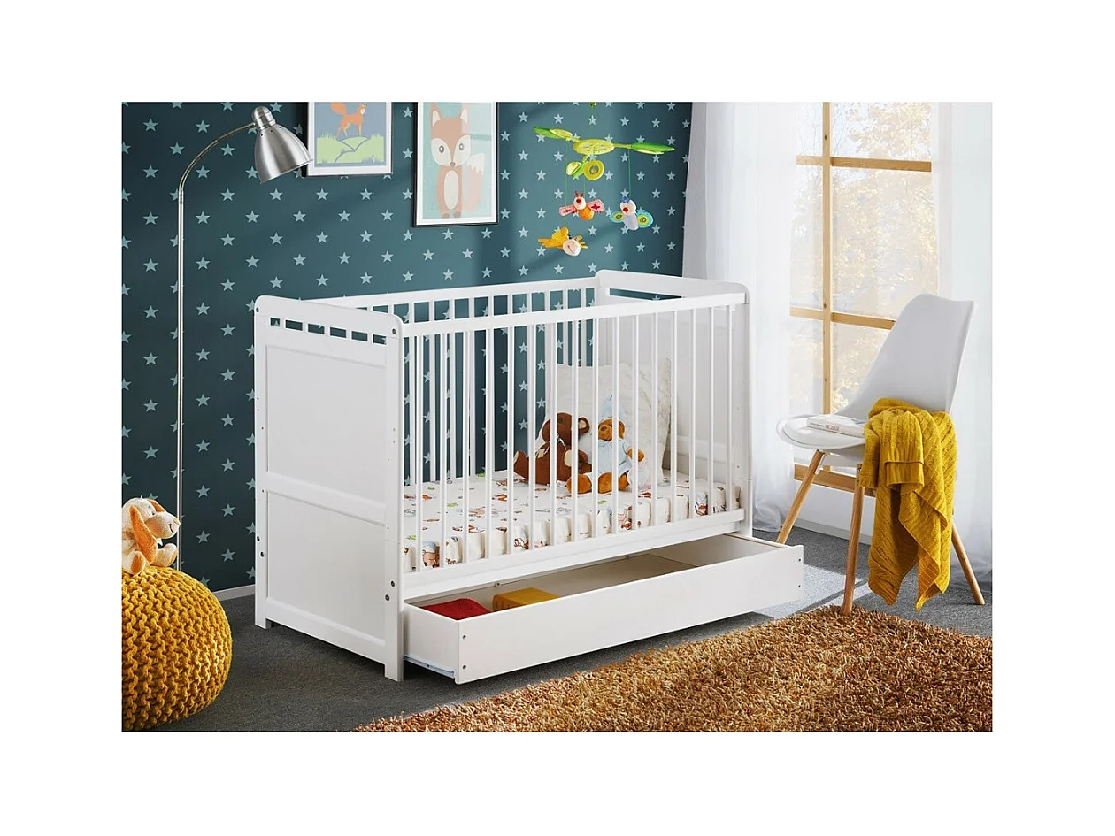 Lettino trasformabile - GUIZA - Colore bianco opaco - Lettino regolabile in altezza con cassetto e materasso.