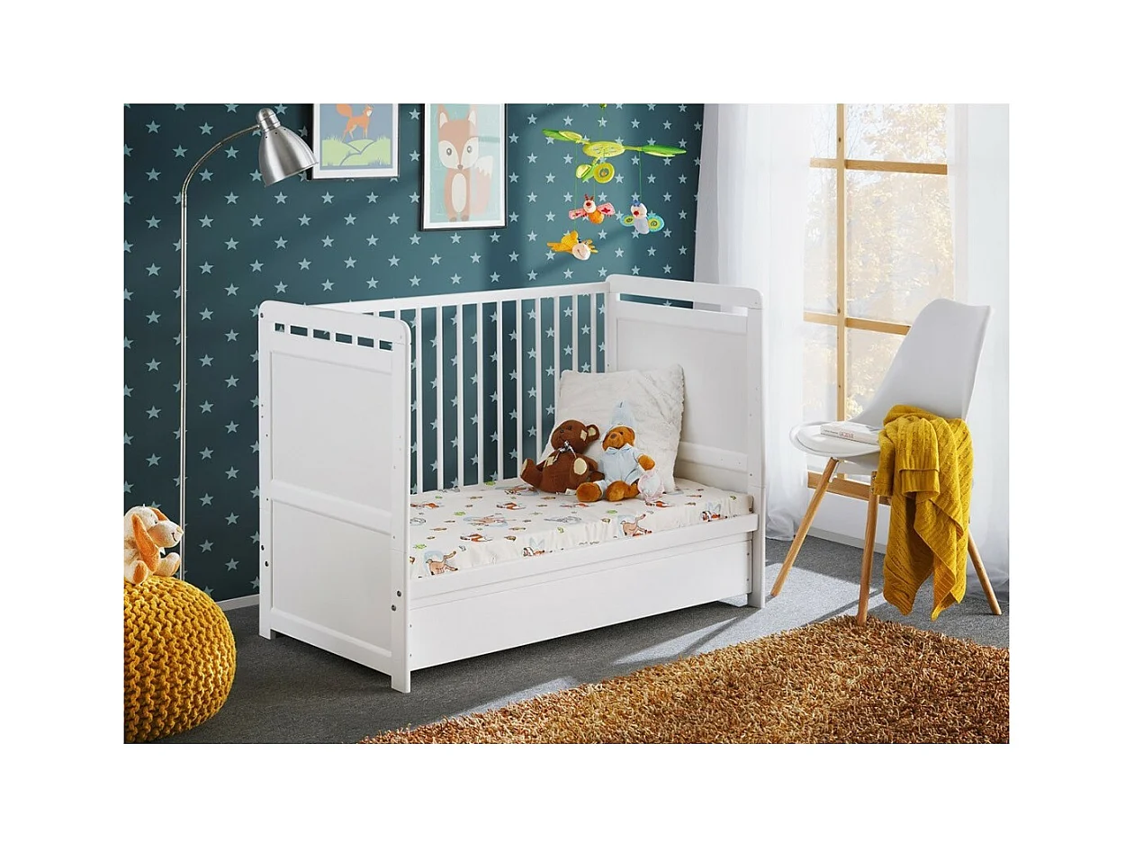 Lettino trasformabile - GUIZA - Colore bianco opaco - Lettino regolabile in altezza con cassetto e materasso.