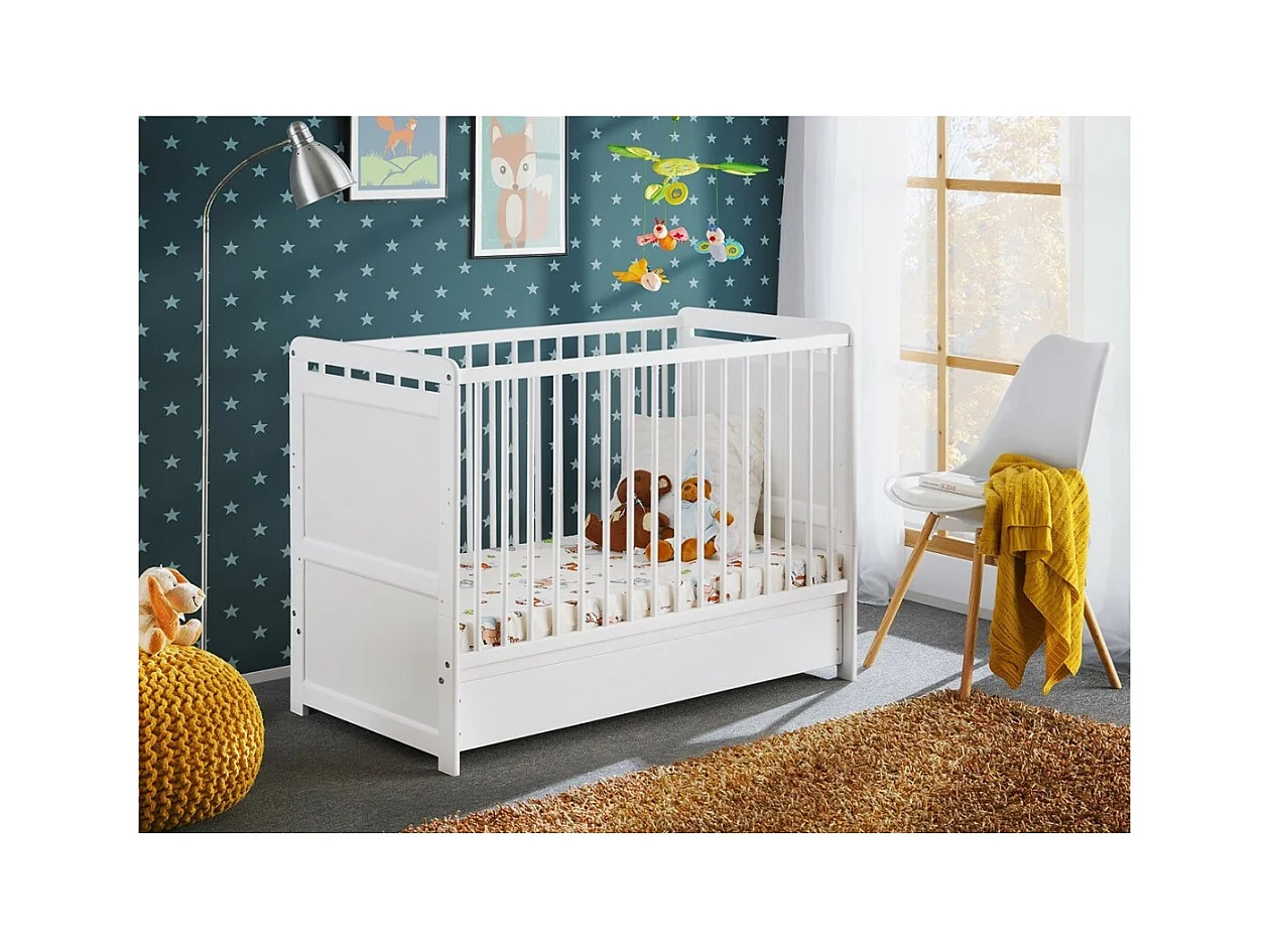 Berço evolutivo - GUIZMO - Cor branco fosco - Berço ajustável em altura com gaveta e colchão.