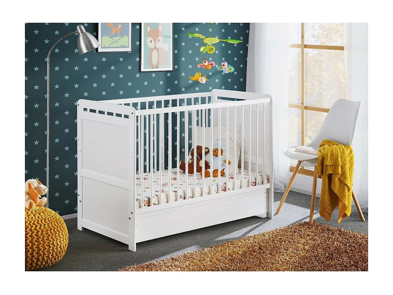 Berço evolutivo - GUIZMO - Cor branco fosco - Berço ajustável em altura com gaveta e colchão.