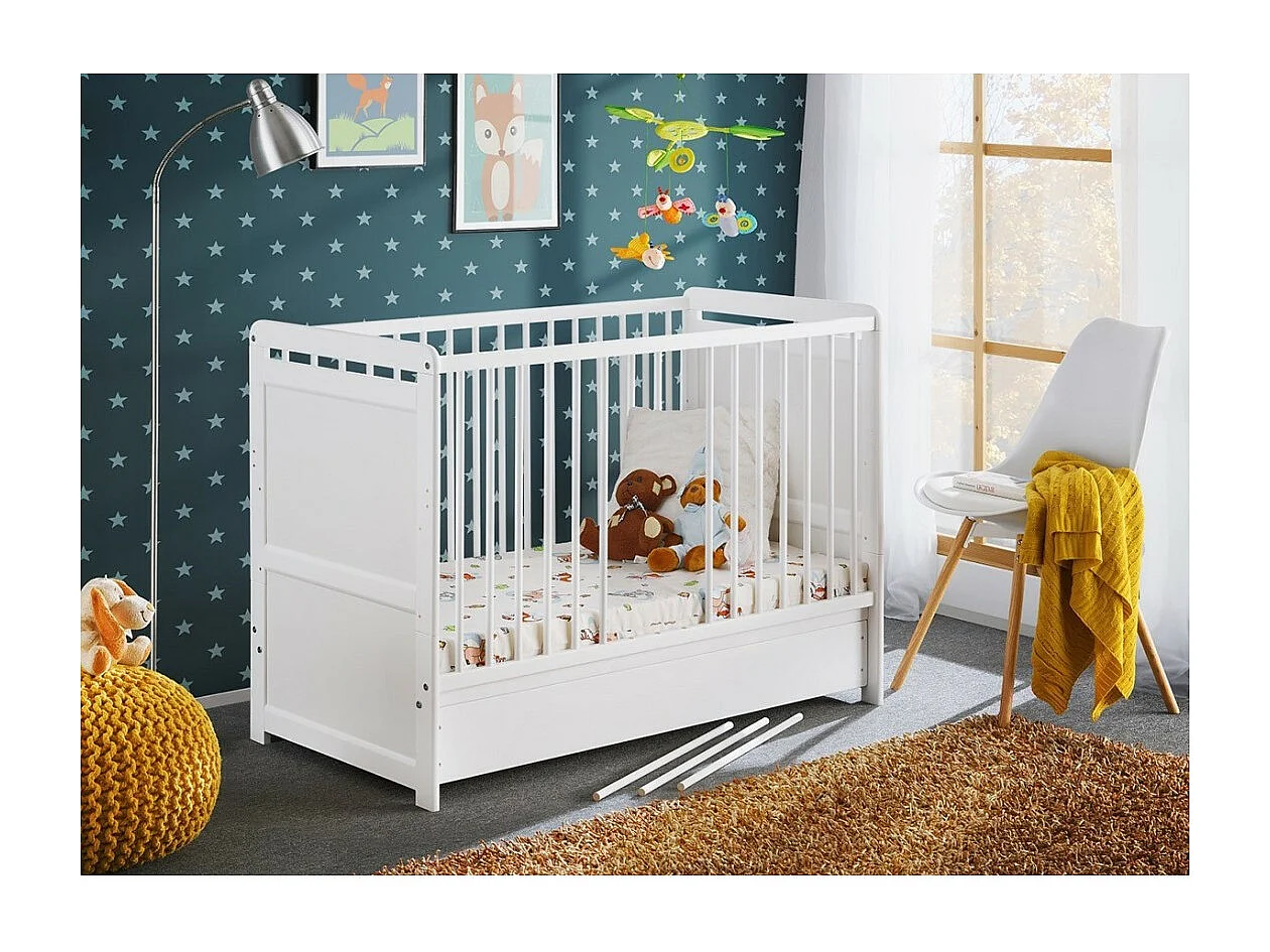 Berço evolutivo - GUIZMO - Cor branco fosco - Berço ajustável em altura com gaveta e colchão.