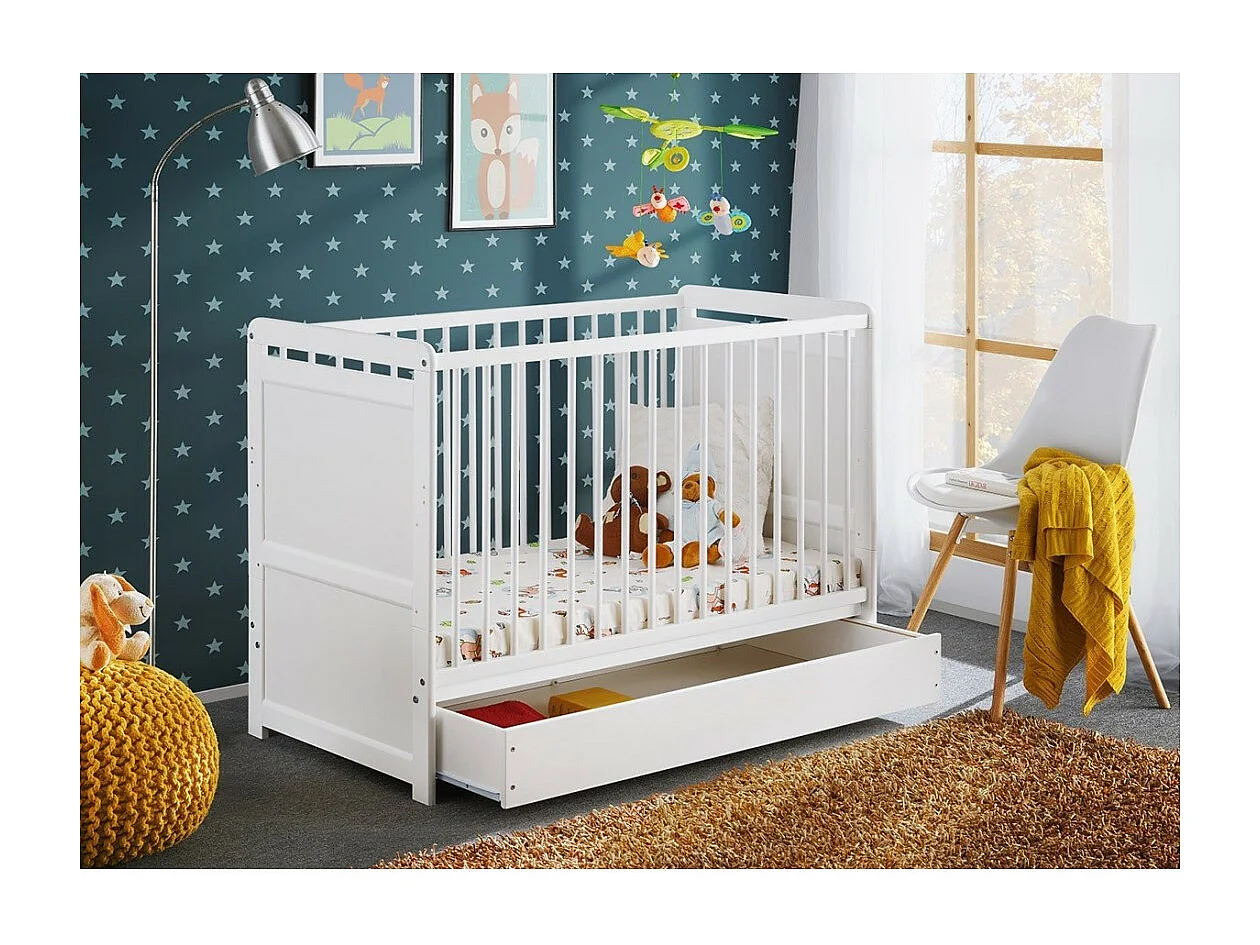 Berço evolutivo - GUIZMO - Cor branco fosco - Berço ajustável em altura com gaveta e colchão.