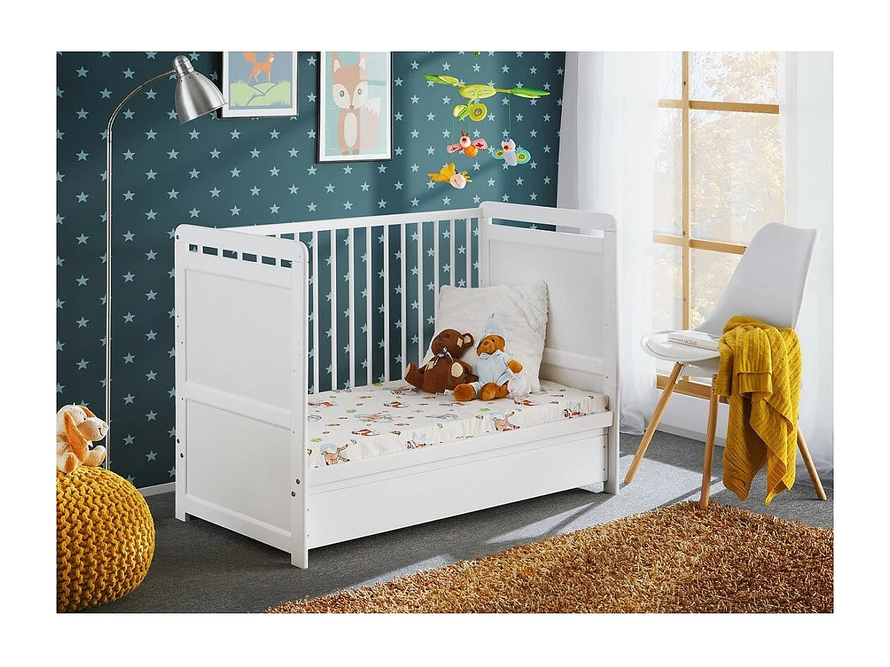 Berço evolutivo - GUIZMO - Cor branco fosco - Berço ajustável em altura com gaveta e colchão.