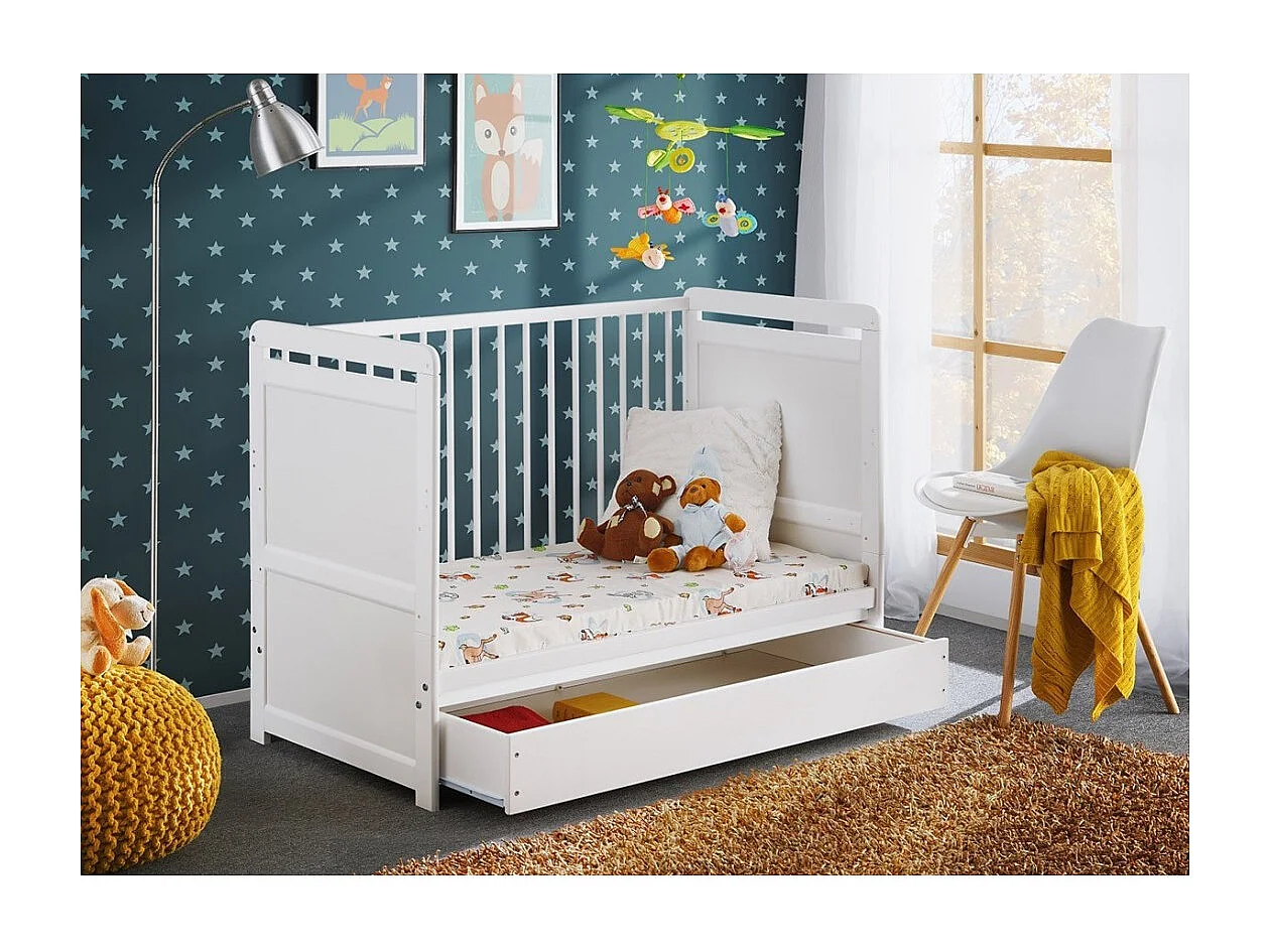 Berço evolutivo - GUIZMO - Cor branco fosco - Berço ajustável em altura com gaveta e colchão.