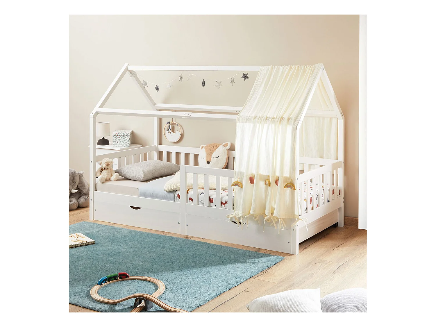 Lit cabane NUNA lit enfant simple montessori en bois 90 x 200 cm, avec rangement 2 tiroirs, en pin massif lasuré blanc