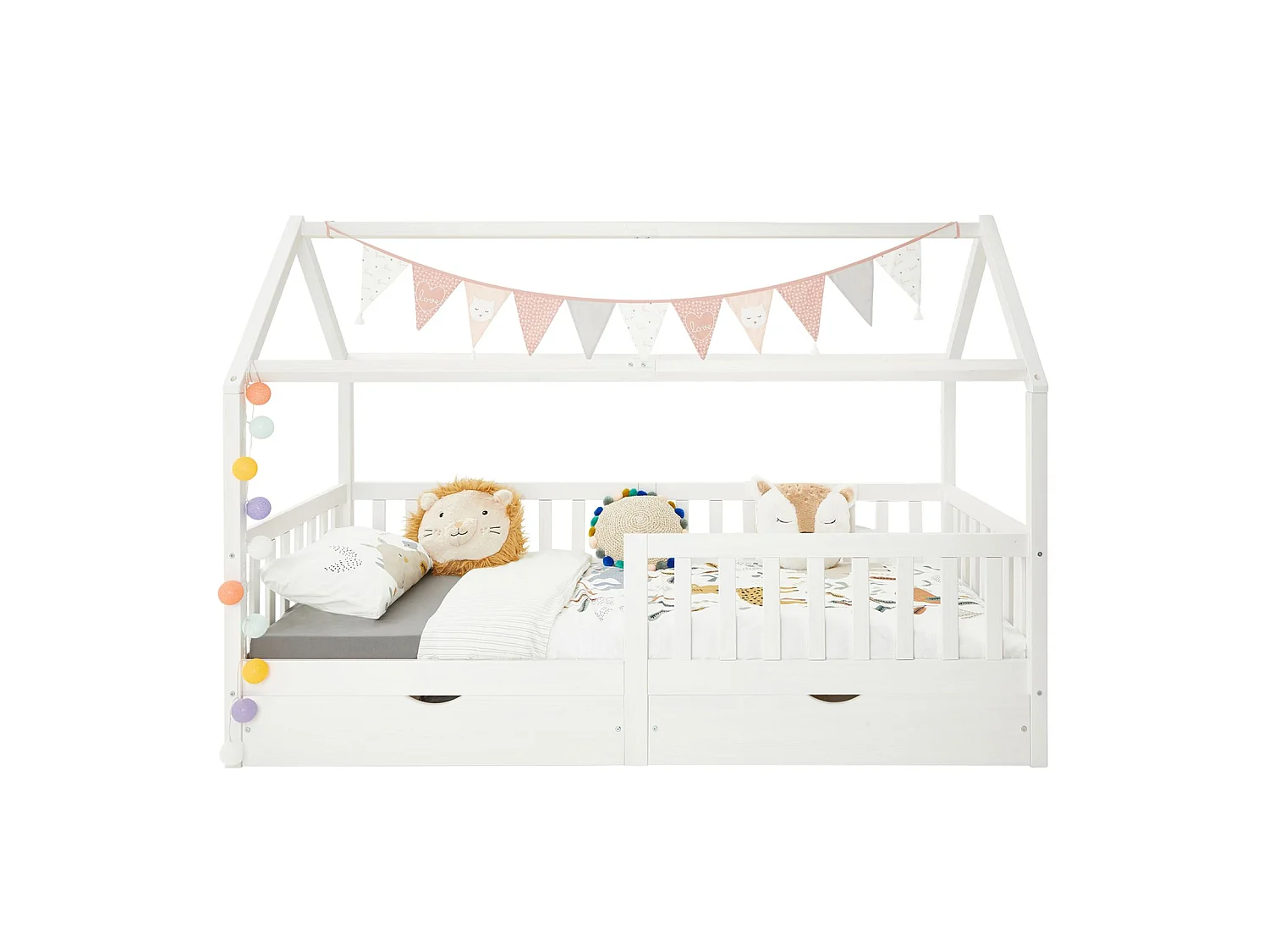 Lit cabane NUNA lit enfant simple montessori en bois 90 x 200 cm, avec rangement 2 tiroirs, en pin massif lasuré blanc