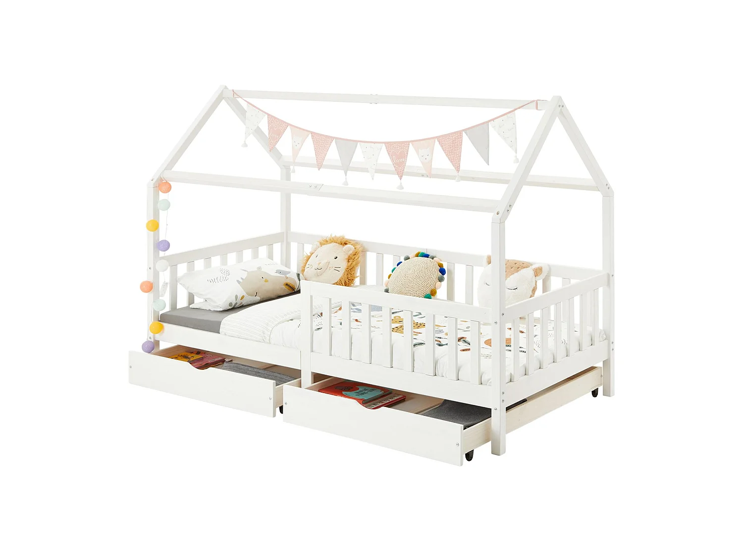 Lit cabane NUNA lit enfant simple montessori en bois 90 x 200 cm, avec rangement 2 tiroirs, en pin massif lasuré blanc