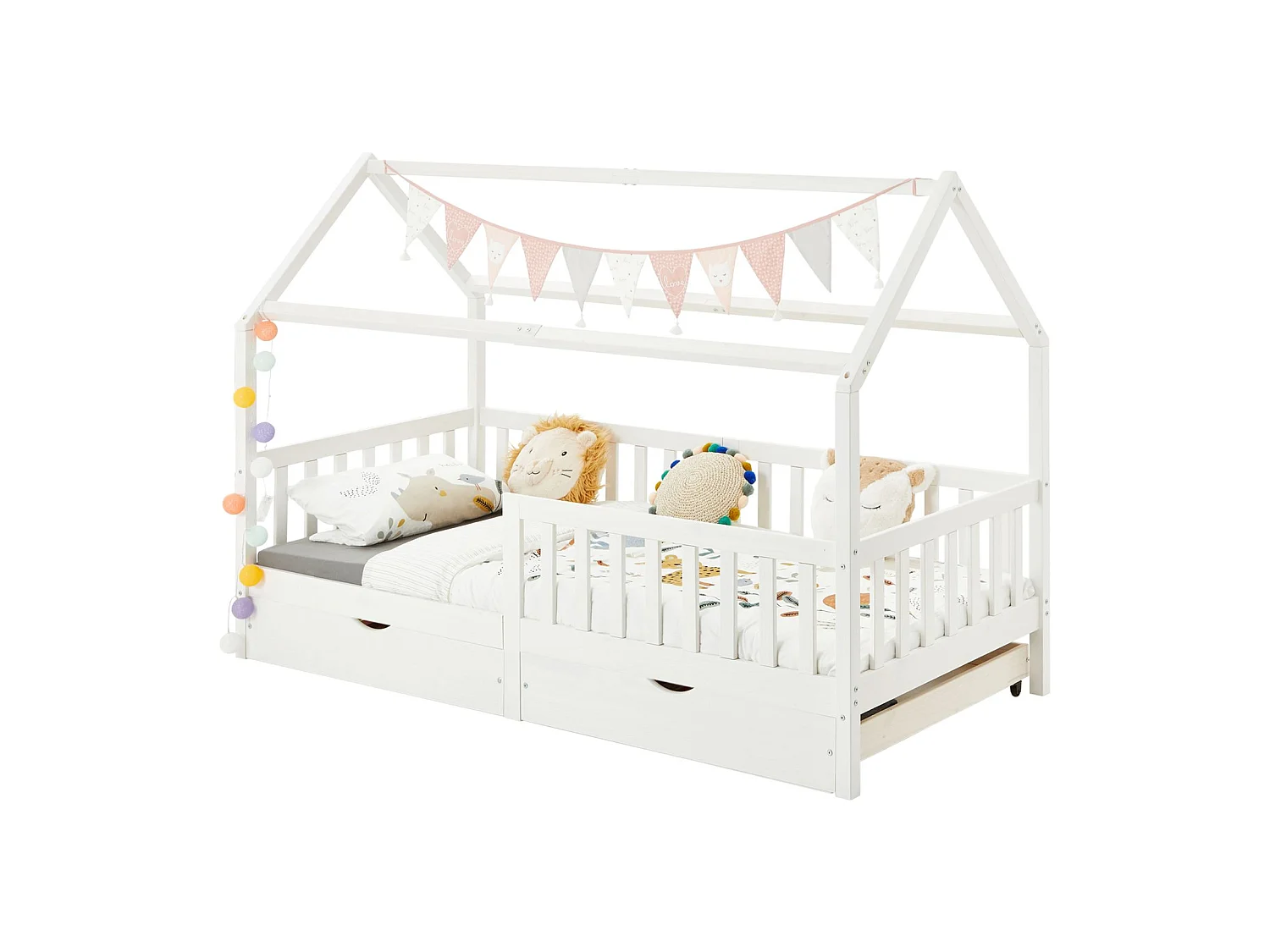 Lit cabane NUNA lit enfant simple montessori en bois 90 x 200 cm, avec rangement 2 tiroirs, en pin massif lasuré blanc