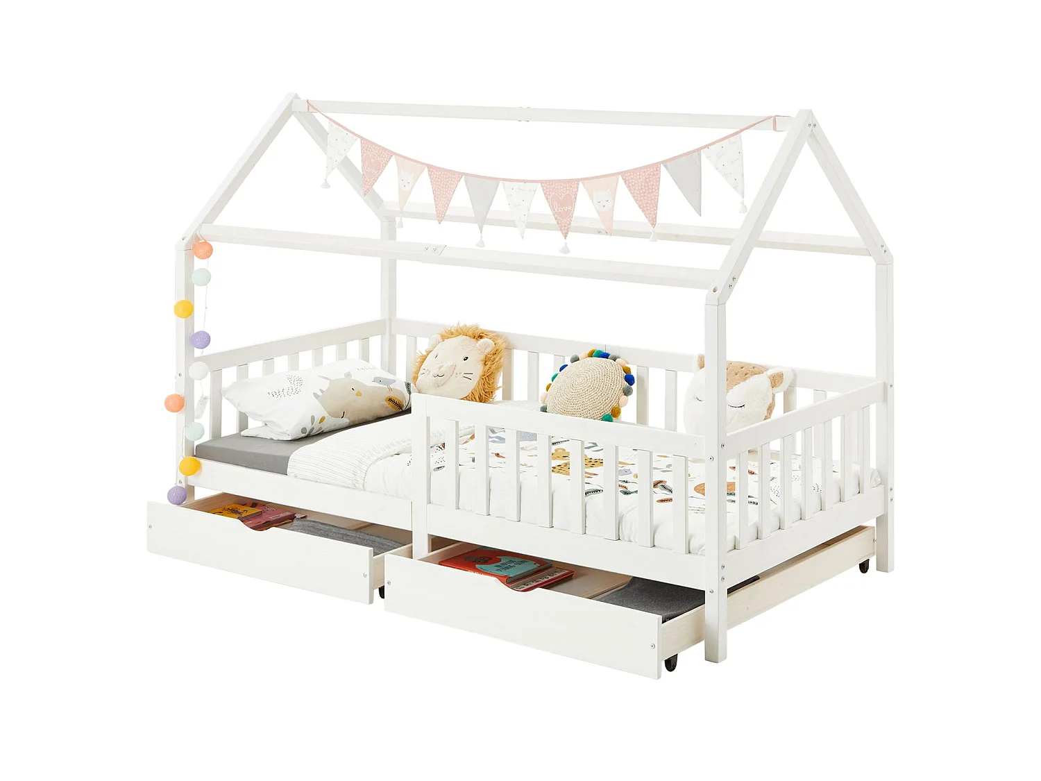 Lit cabane NUNA lit enfant simple montessori en bois 90 x 200 cm, avec rangement 2 tiroirs, en pin massif lasuré blanc