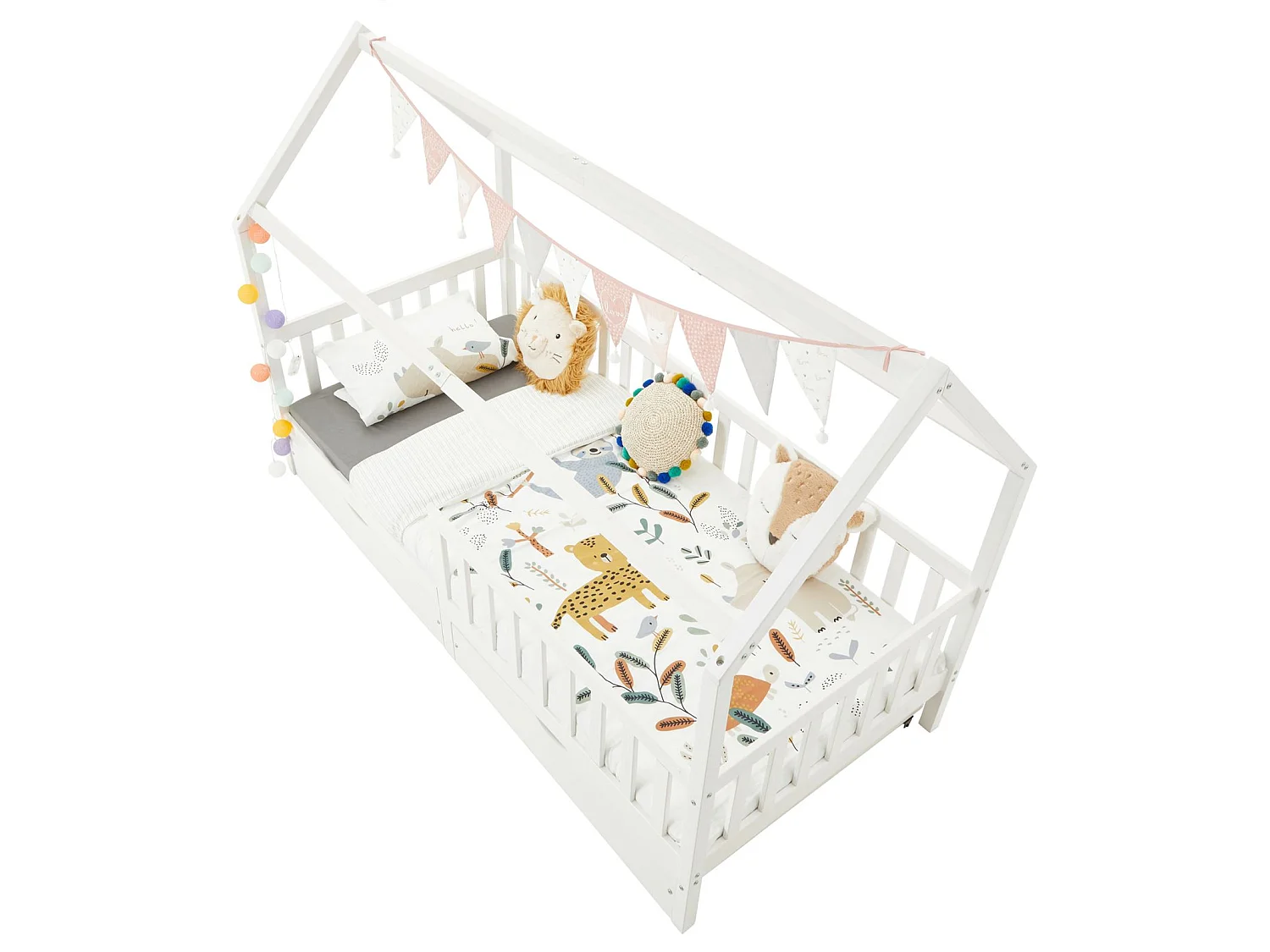 Lit cabane NUNA lit enfant simple montessori en bois 90 x 200 cm, avec rangement 2 tiroirs, en pin massif lasuré blanc