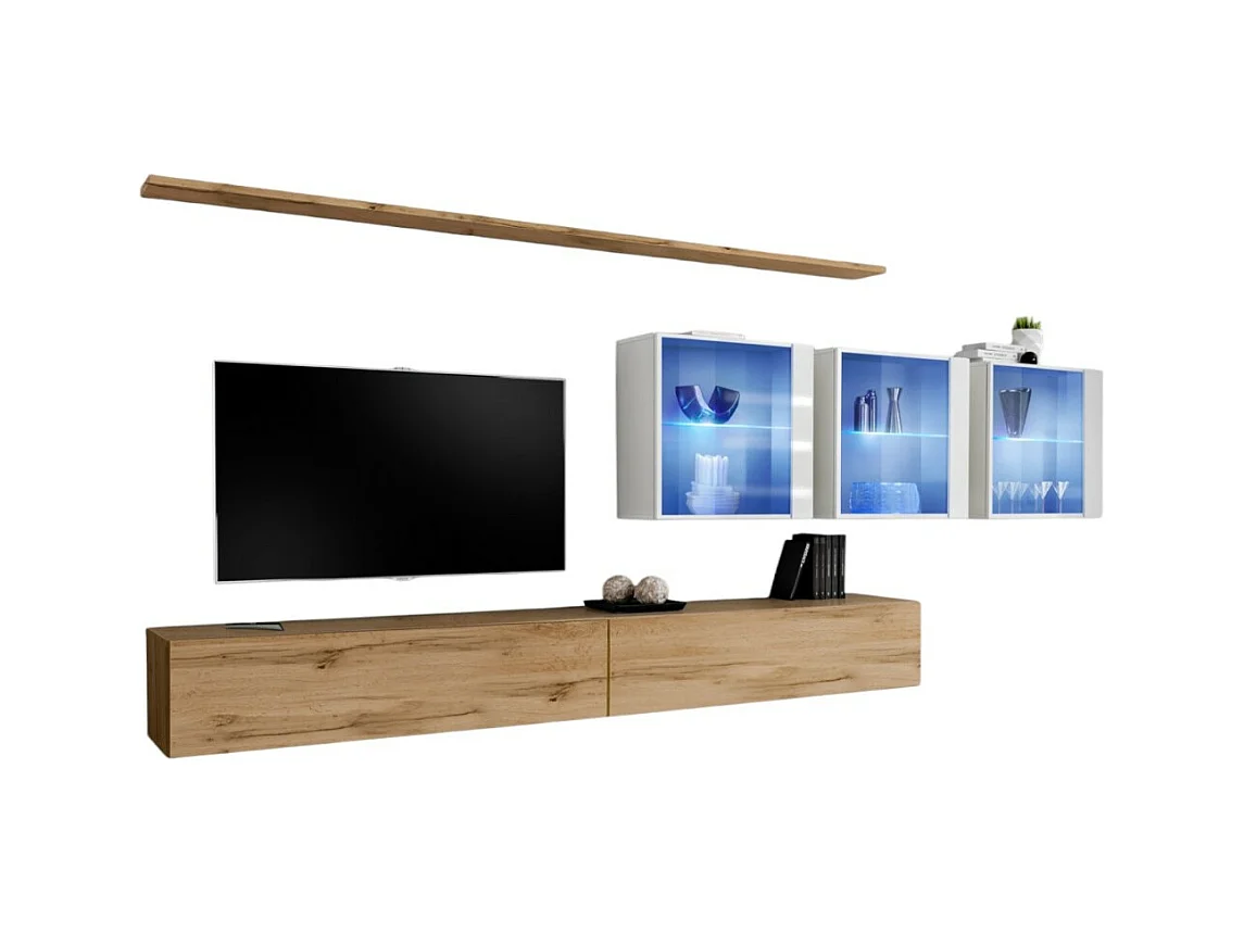 Conjunto de muebles de salón mural SWITCH XVII diseño, color roble Wotan y blanco brillante.