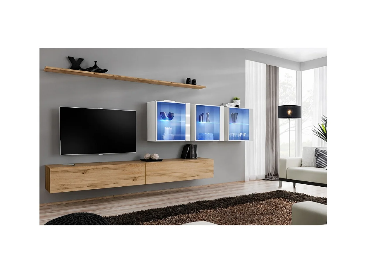 Conjunto de muebles de salón mural SWITCH XVII diseño, color roble Wotan y blanco brillante.