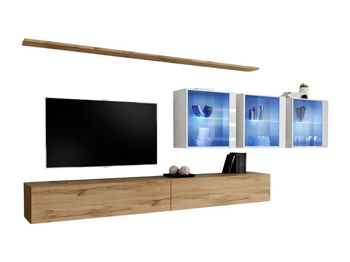 Ensemble meuble salon mural SWITCH XVII design, coloris chêne Wotan et blanc brillant.