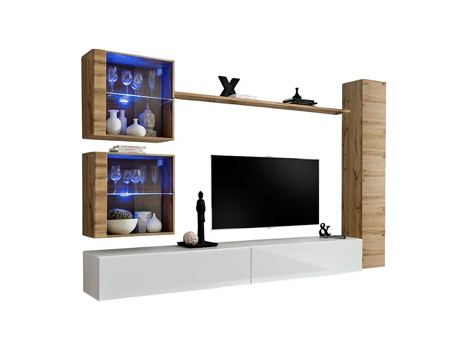 Ensemble meuble salon mural SWITCH XVIII design, coloris blanc brillant et chêne Wotan.