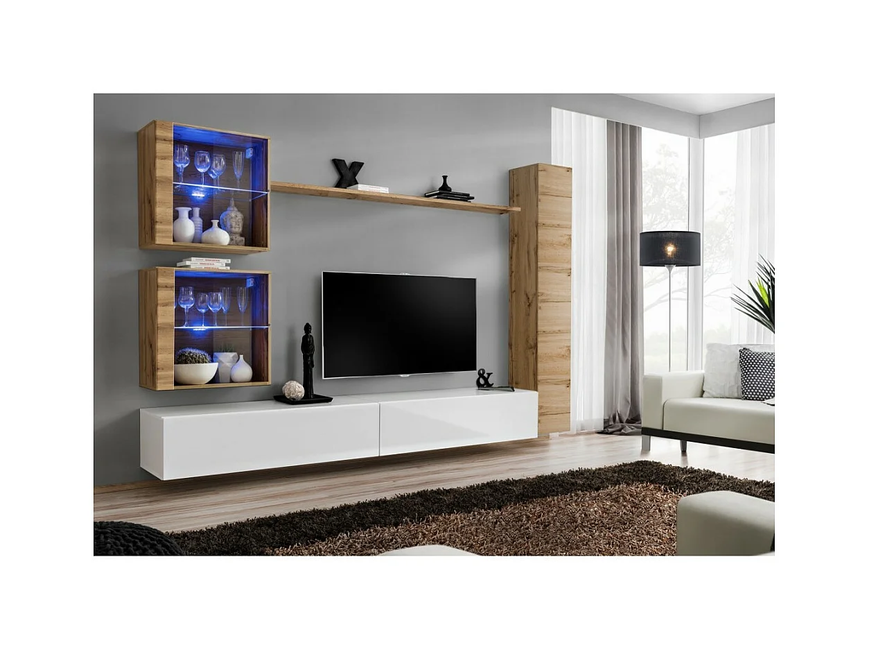 Conjunto de móveis de parede para sala de estar SWITCH XVIII design, cor branco brilhante e carvalho Wotan.