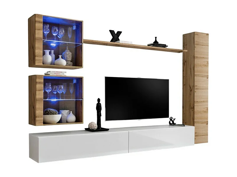 Ensemble meuble salon mural SWITCH XVIII design, coloris blanc brillant et chêne Wotan.