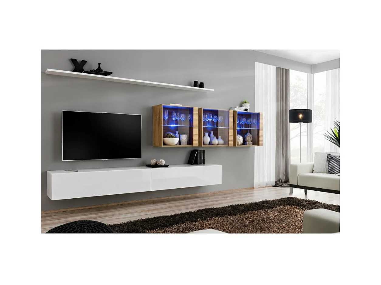Conjunto de móveis para sala de estar SWITCH XVII, design mural, na cor branco brilhante e carvalho Wotan.