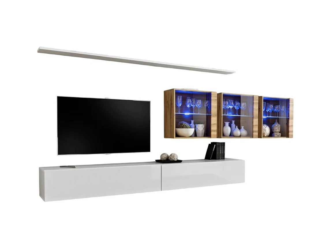 Ensemble meuble salon mural SWITCH XVII design, coloris blanc brillant et chêne Wotan.