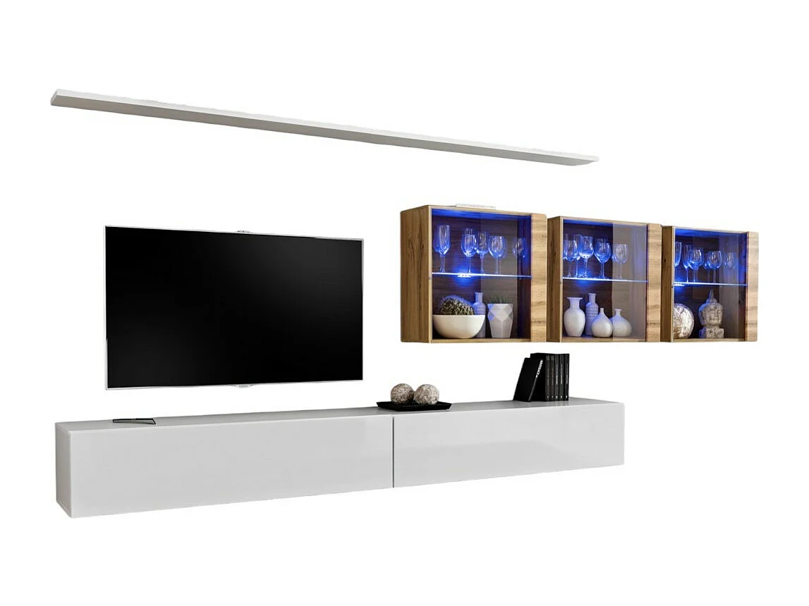 Conjunto de móveis para sala de estar SWITCH XVII, design mural, na cor branco brilhante e carvalho Wotan.