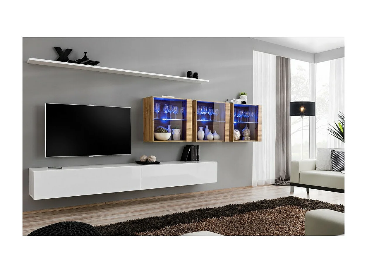 Conjunto de móveis para sala de estar SWITCH XVII, design mural, na cor branco brilhante e carvalho Wotan.