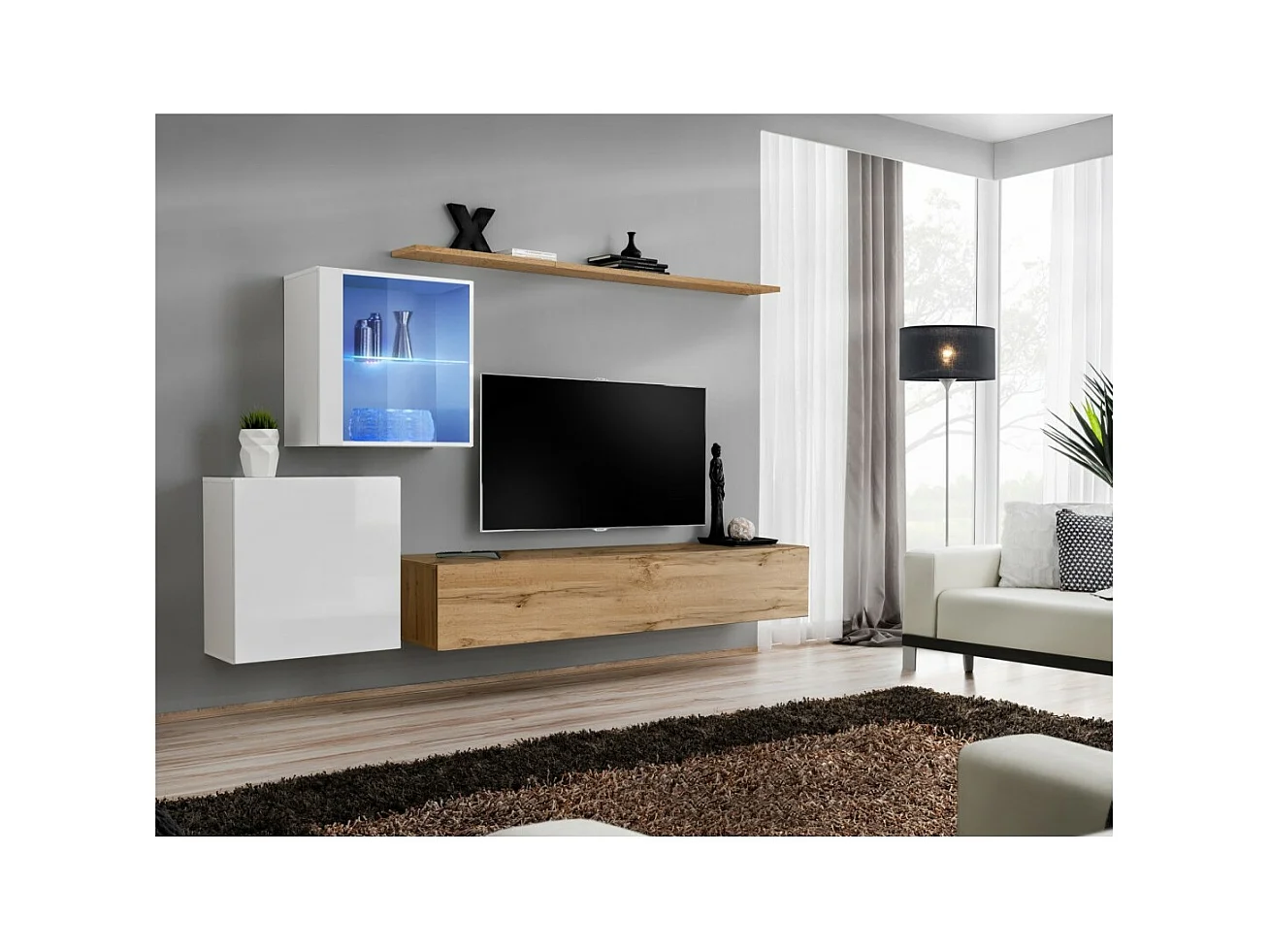 Mobile da soggiorno a parete SWITCH XV design, colore rovere Wotan e bianco lucido.