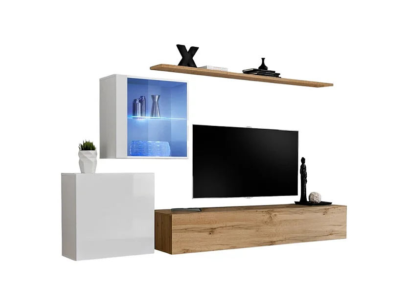 Ensemble meuble salon mural SWITCH XV design, coloris chêne Wotan et blanc brillant.