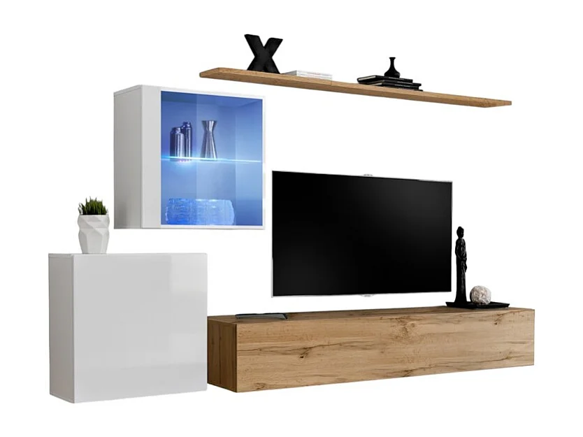 Ensemble meuble salon mural SWITCH XV design, coloris chêne Wotan et blanc brillant.
