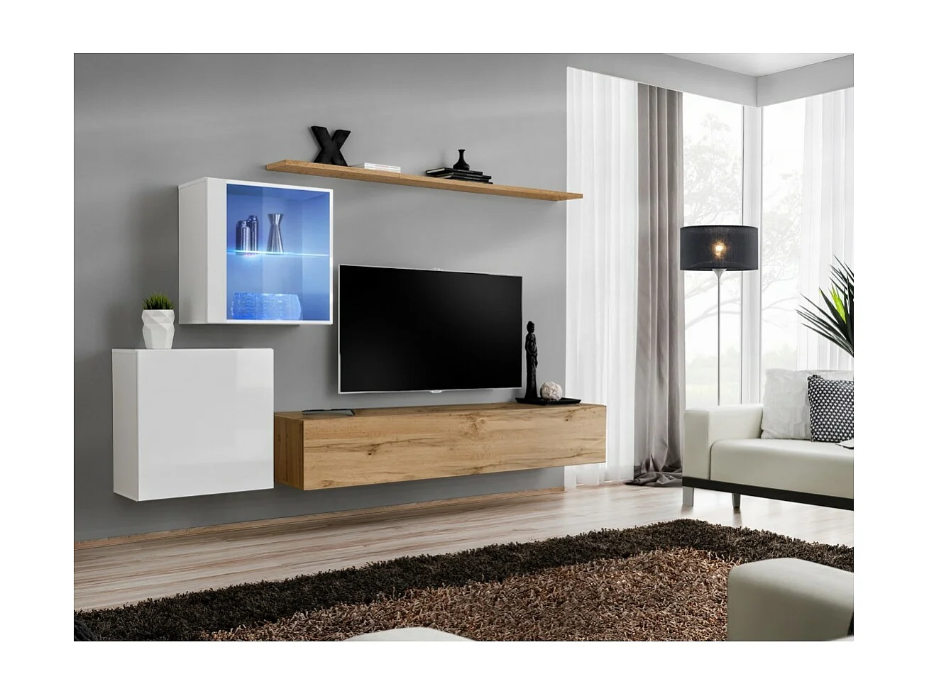 Ensemble meuble salon mural SWITCH XV design, coloris chêne Wotan et blanc brillant.