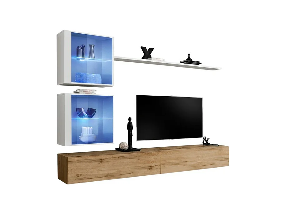 Ensemble meuble salon mural SWITCH XVIII design, coloris chêne Wotan et blanc brillant.
