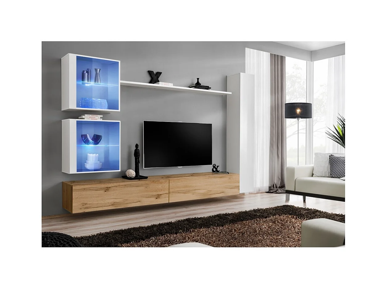Conjunto de móveis de parede para sala de estar SWITCH XVIII design, cores carvalho Wotan e branco brilhante.