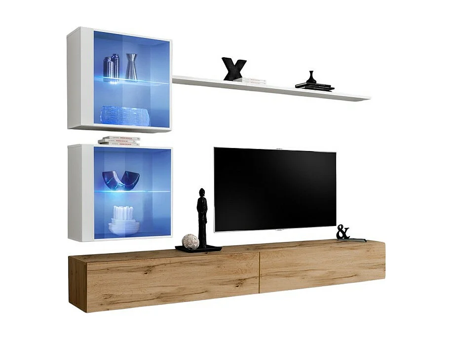 Wandmeubelset voor de woonkamer SWITCH XVIII design, in Wotan eiken en glanzend wit.