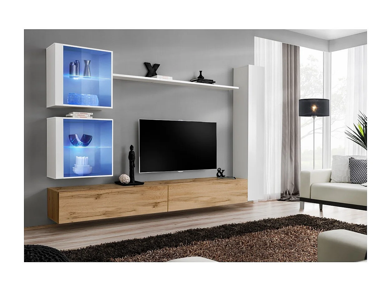 Wandmeubelset voor de woonkamer SWITCH XVIII design, in Wotan eiken en glanzend wit.