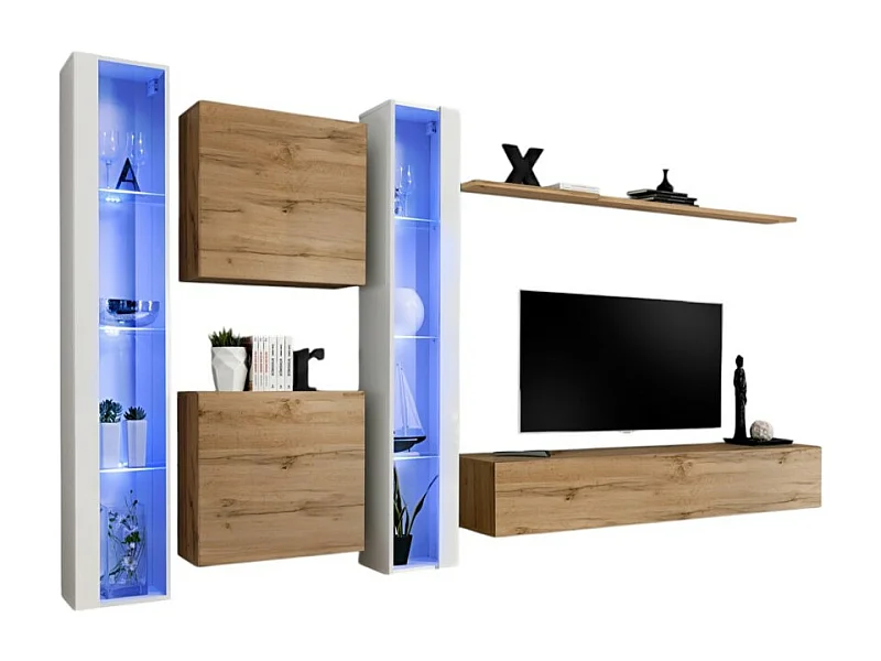 Set di mobili da salotto a parete SWITCH XVI design, colore rovere Wotan e bianco lucido.