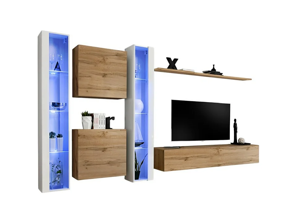 Ensemble meuble salon mural SWITCH XVI design, coloris chêne Wotan et blanc brillant.