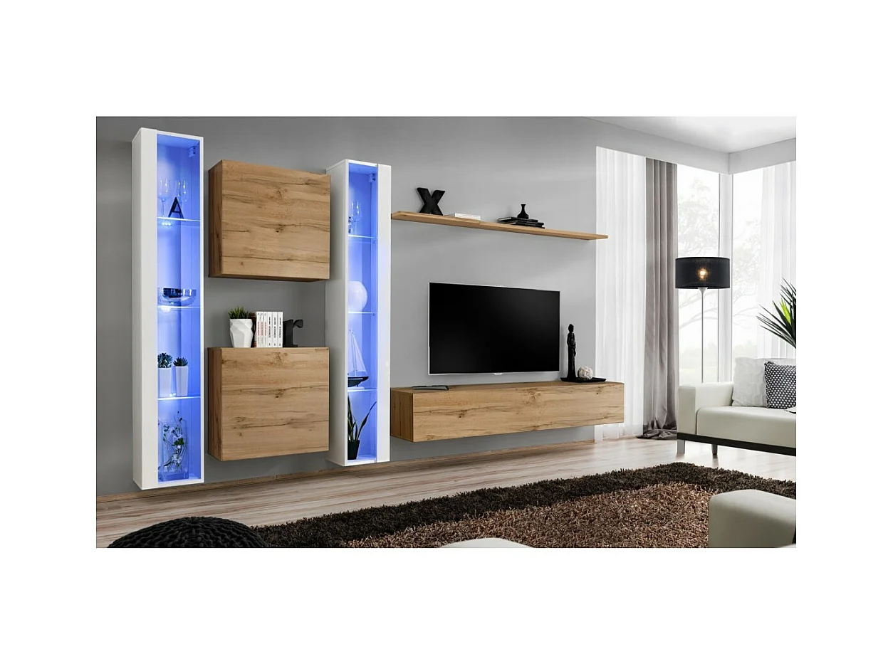 Conjunto de móveis para sala de estar SWITCH XVI design, nas cores carvalho Wotan e branco brilhante.