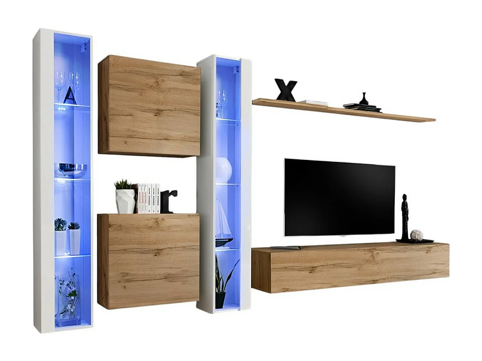 Ensemble meuble salon mural SWITCH XVI design, coloris chêne Wotan et blanc brillant.
