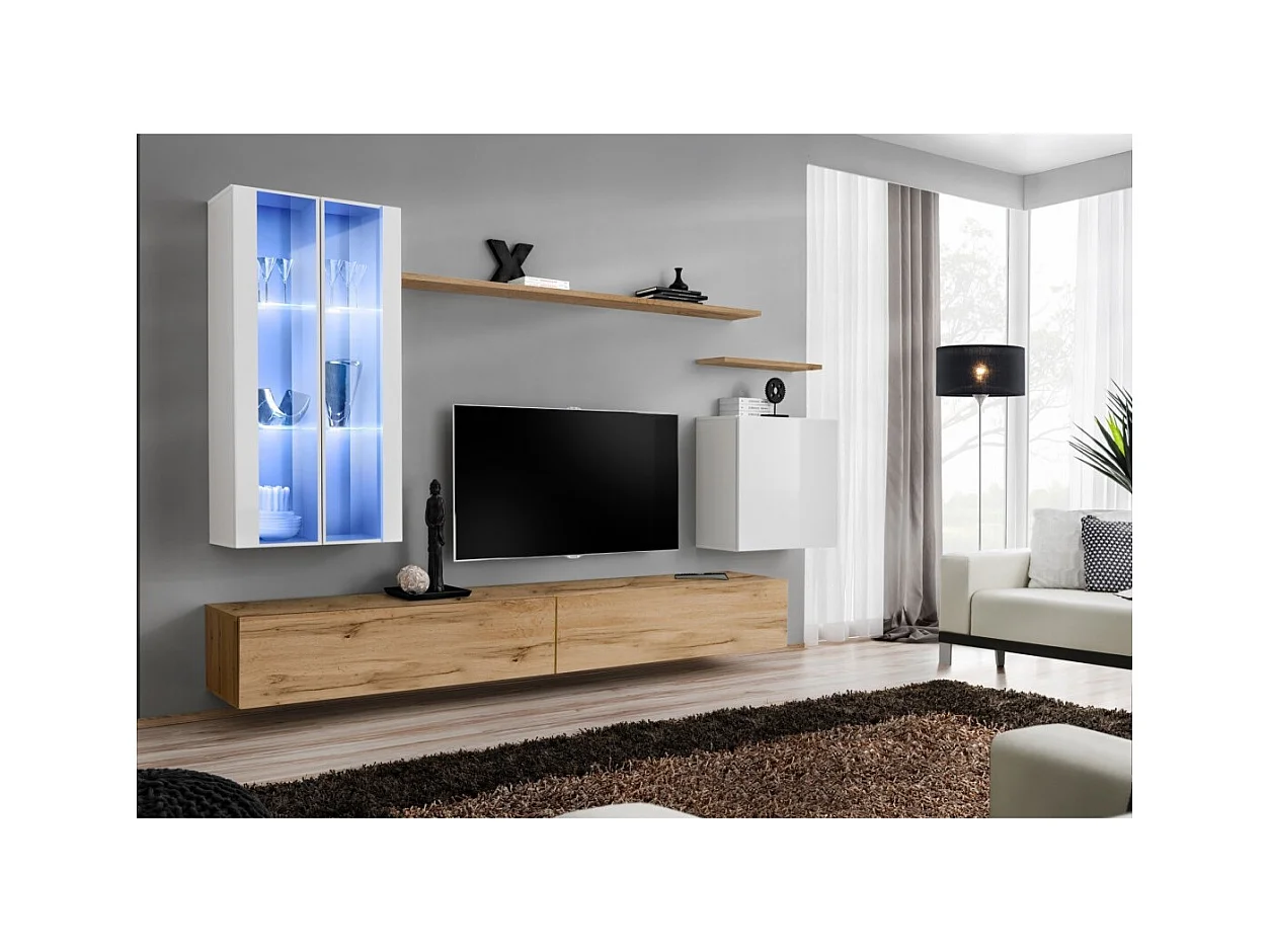 Mobile da soggiorno da parete SWITCH XII design, colore rovere Wotan e bianco lucido.