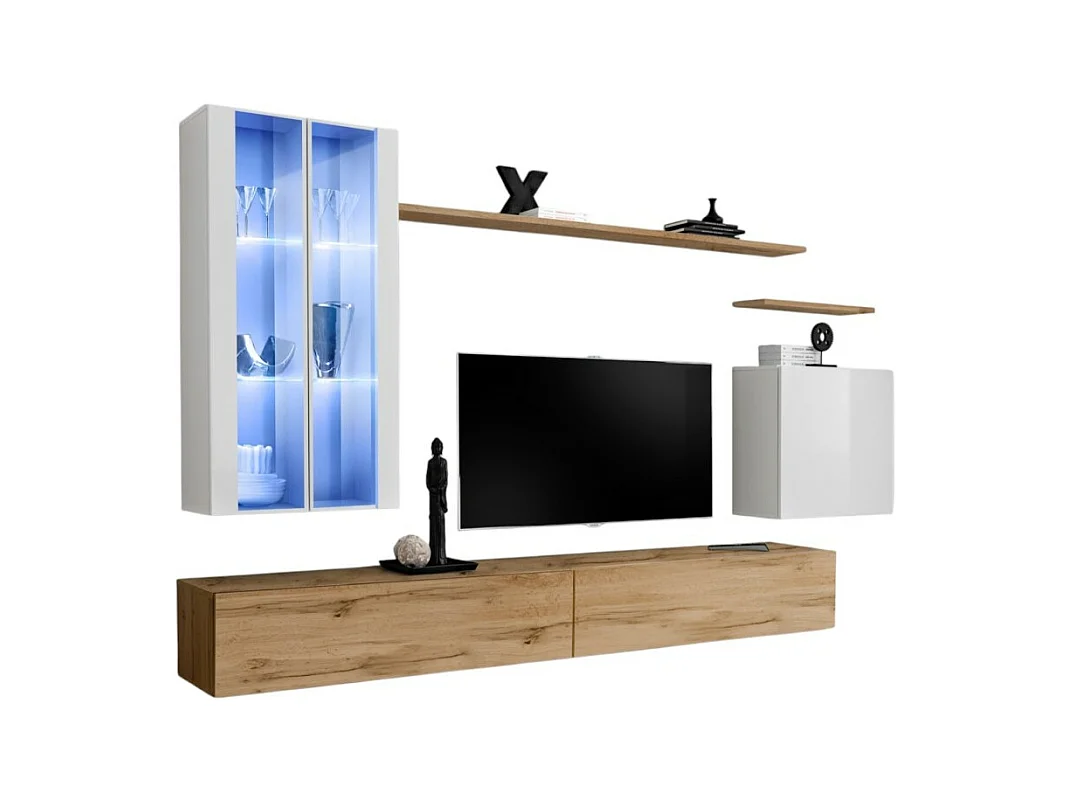 Wandmeubelset voor de woonkamer SWITCH XII design, in de kleuren Wotan eiken en hoogglans wit.