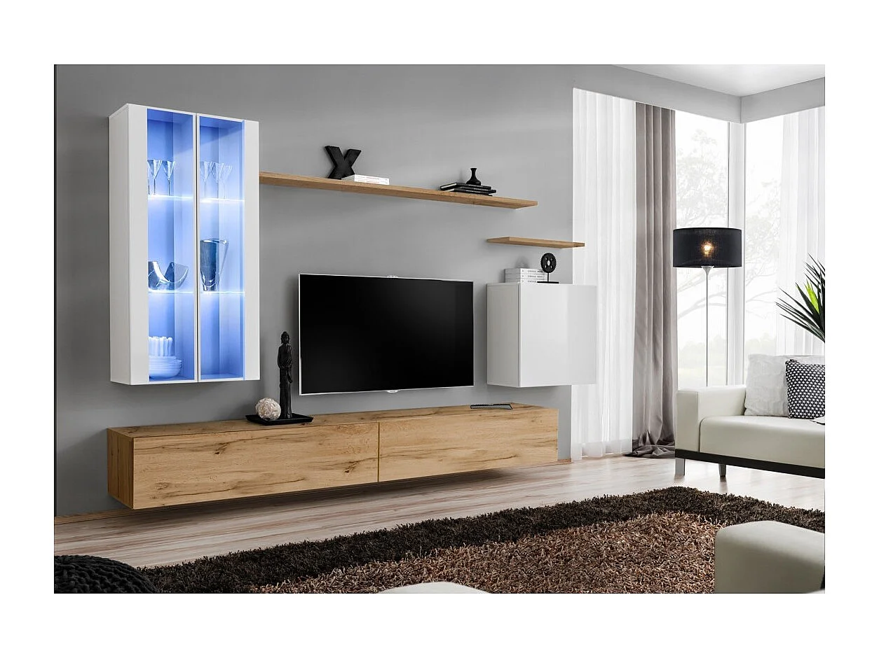 Conjunto de móveis de parede para sala de estar SWITCH XII design, cor carvalho Wotan e branco brilhante.